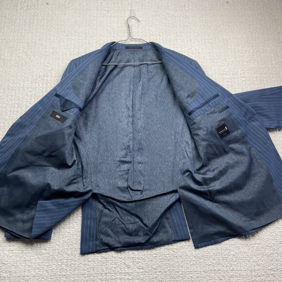 Boss Hugo Boss Jacket Mens 42 R Blue White Stripes Wool 2 Button Blazer Guabello - Picture 10 of 16